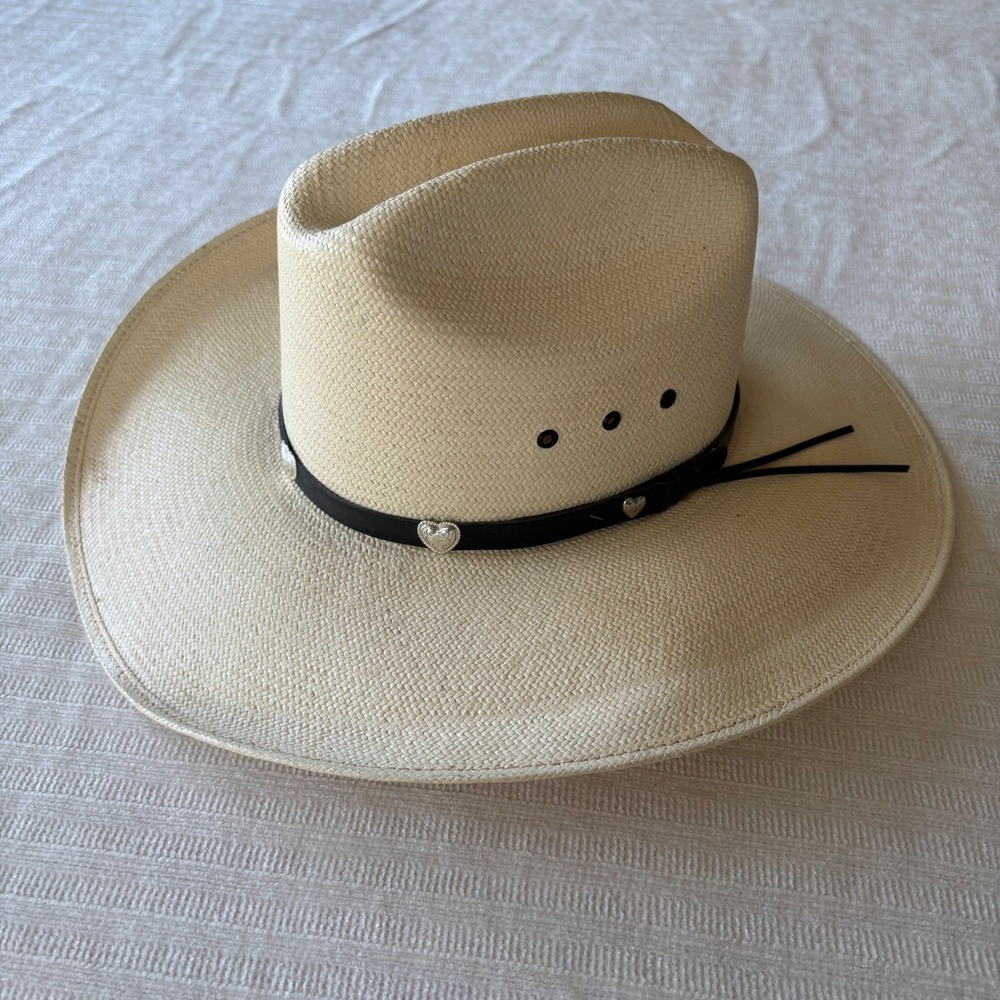 Vintage Texas Hat Co‎ 20X Handwoven Shantung Straw Cowboy Hat Heart Band 6 7/8